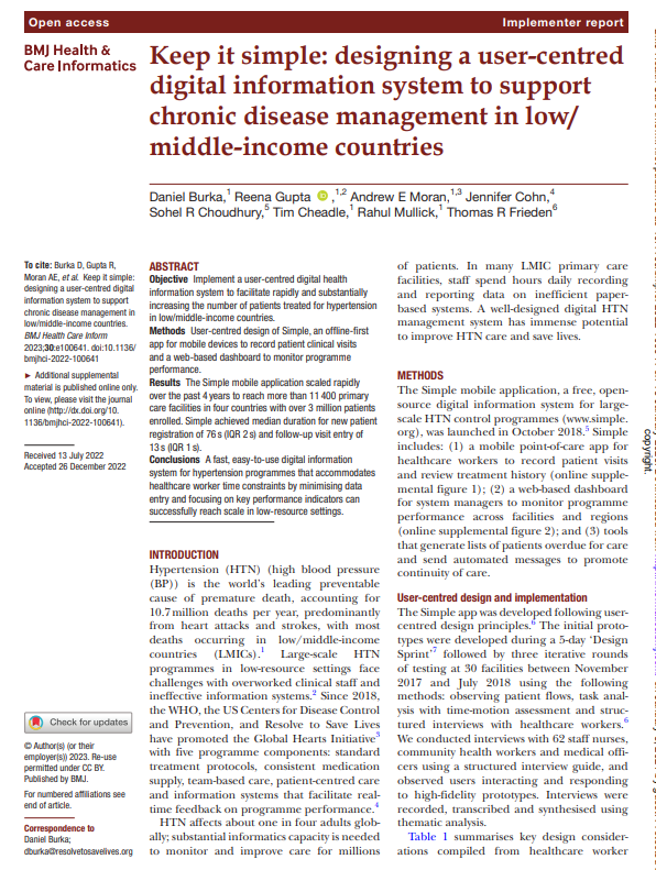 Keep it simple: designing a user-centred digital information system to support chronic disease management in low/ middle-income countries